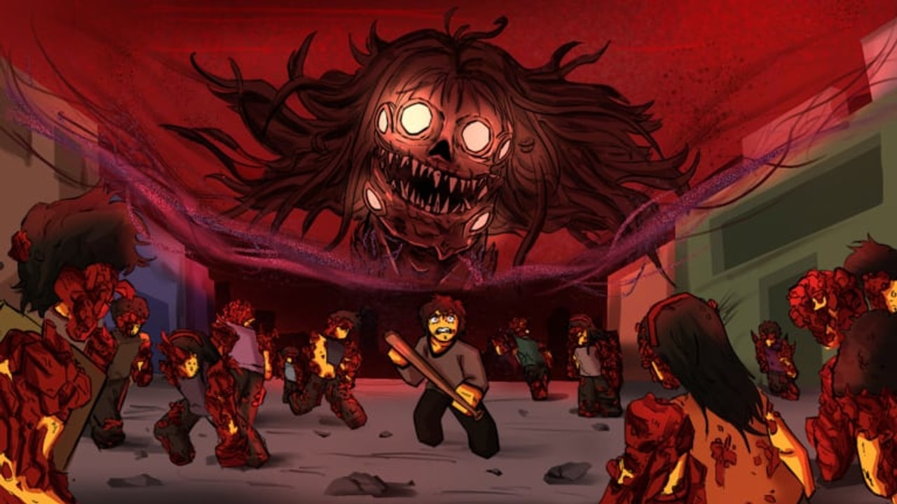 Mall Game Roblox artwork of Mother looming over survivors in a red mall corridor