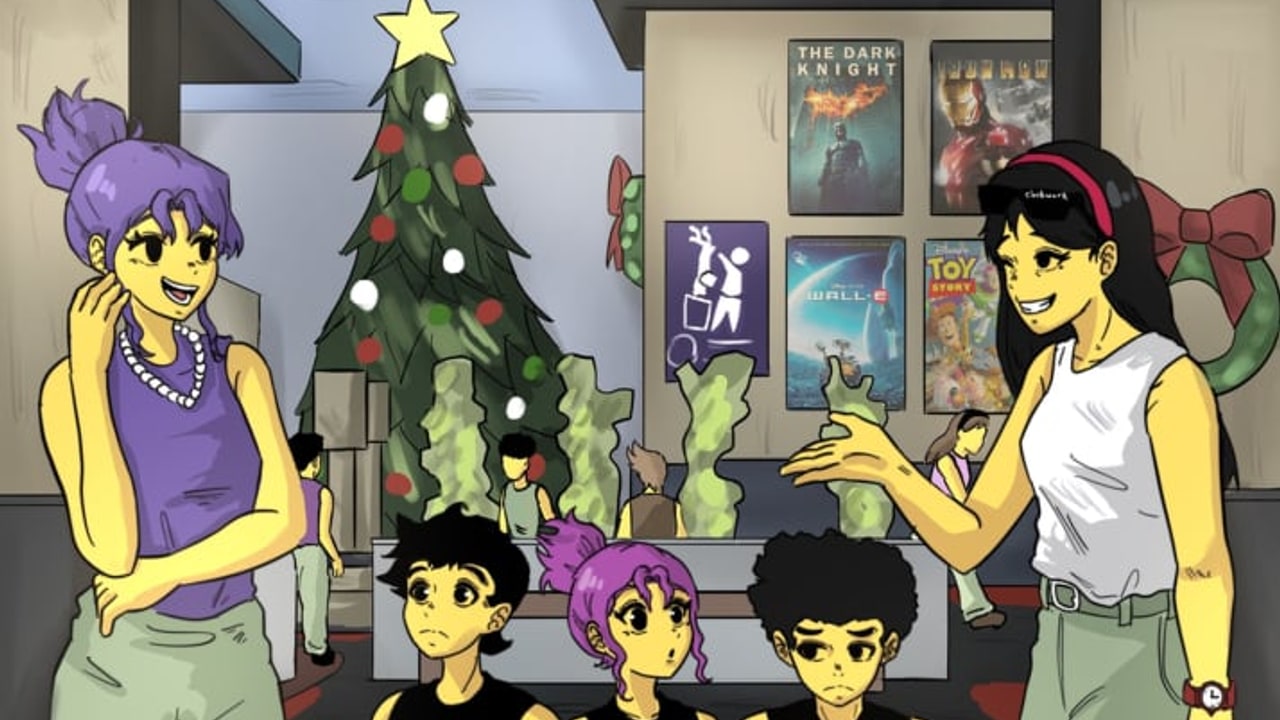 Mall Game Roblox holiday mall lobby with the family, a Christmas tree, and movie posters